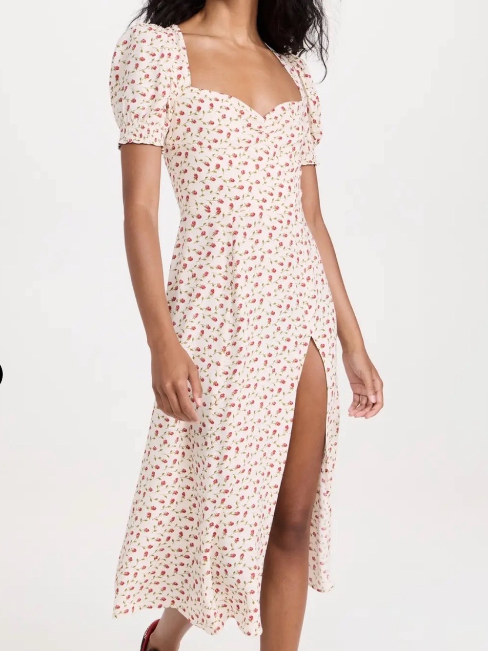 Floral Sweetheart Midi Dress in Cream with Pink Print